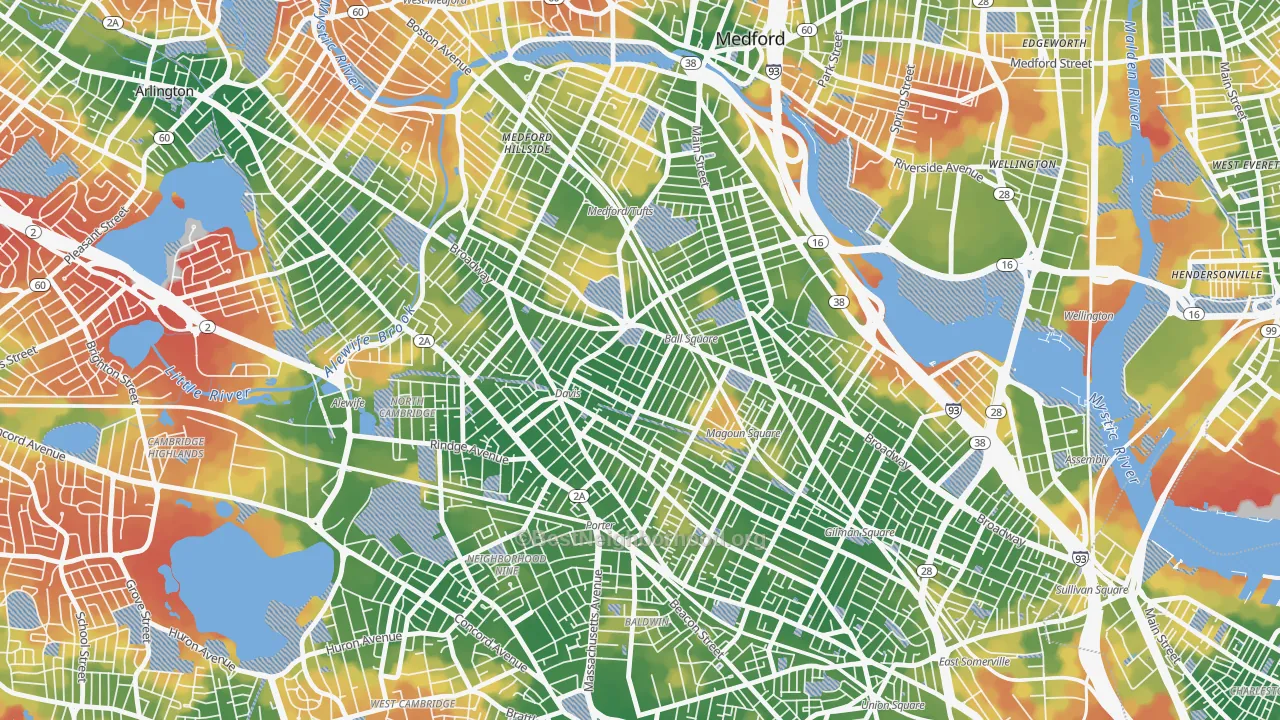 Walk Grade map of Ball Square, Somerville, MA, walkable areas in green and car-dependent areas in red