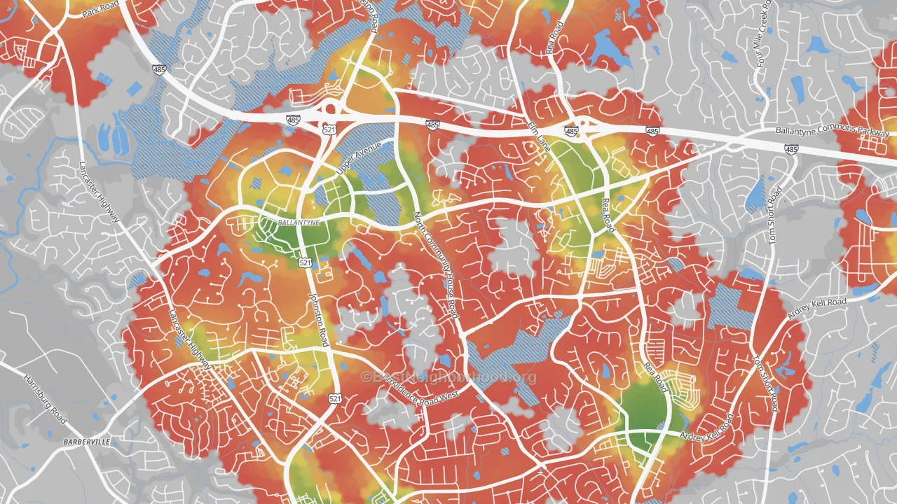 Walk Grade map of Ballantyne East, Charlotte, NC, walkable areas in green and car-dependent areas in red