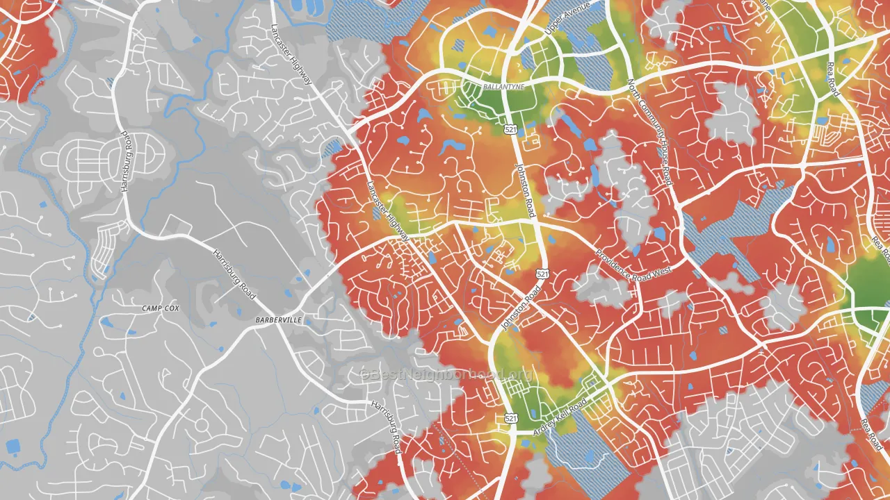 Walk Grade map of Ballantyne West, Charlotte, NC, walkable areas in green and car-dependent areas in red