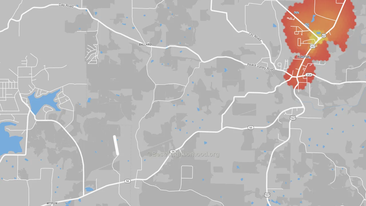 Walk Grade map of Ballard, AR, walkable areas in green and car-dependent areas in red