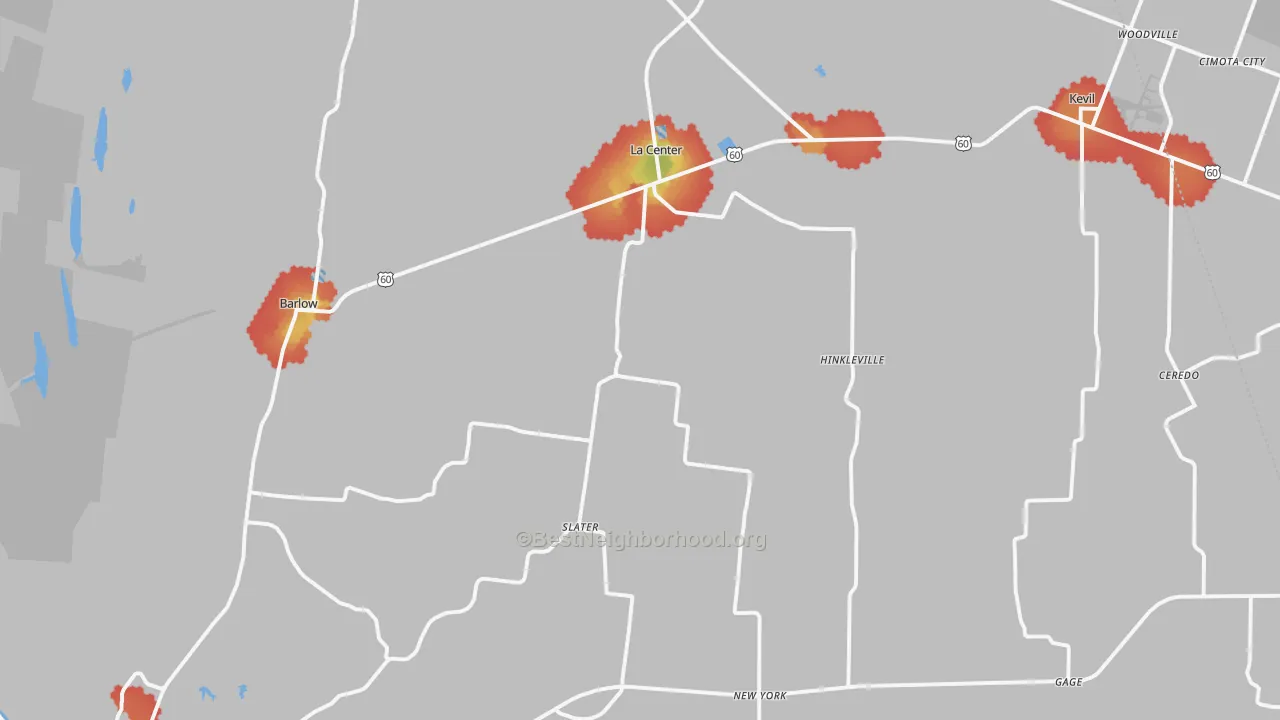 Walk Grade map of Ballard County, KY, walkable areas in green and car-dependent areas in red