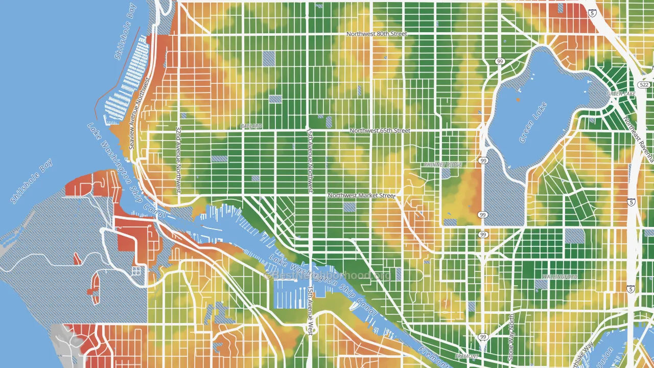 Walk Grade map of Ballard, Seattle, WA, walkable areas in green and car-dependent areas in red