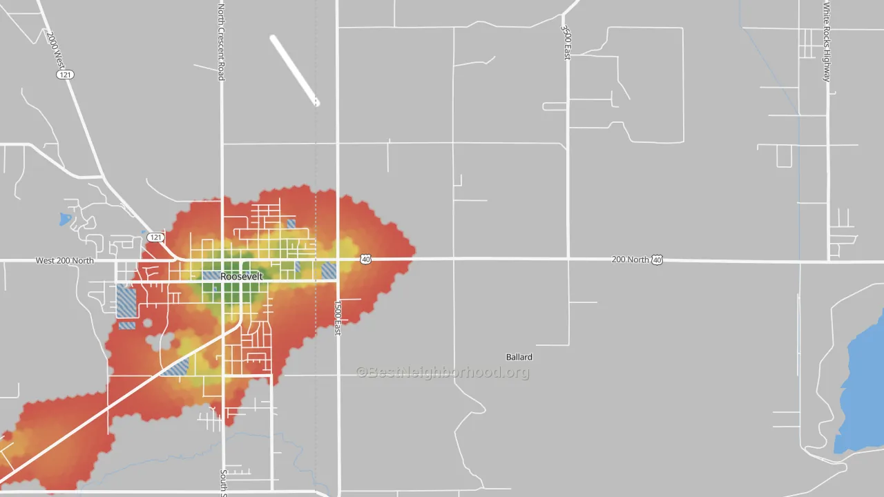 Walk Grade map of Ballard, UT, walkable areas in green and car-dependent areas in red