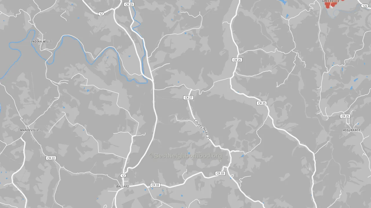 Walk Grade map of Ballard, WV, walkable areas in green and car-dependent areas in red