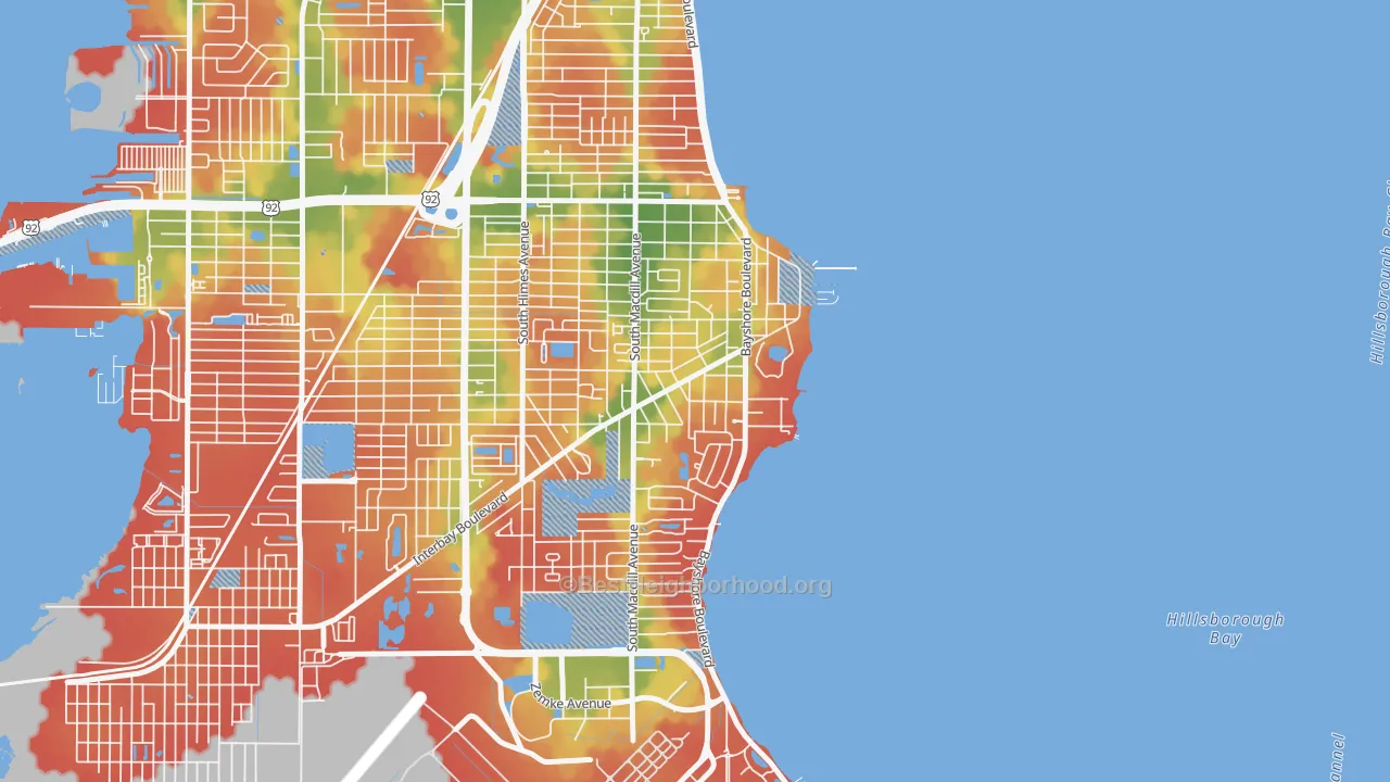 Walk Grade map of Ballast Point, Tampa, FL, walkable areas in green and car-dependent areas in red