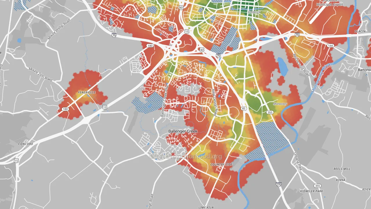 Walk Grade map of Ballenger Creek, MD, walkable areas in green and car-dependent areas in red