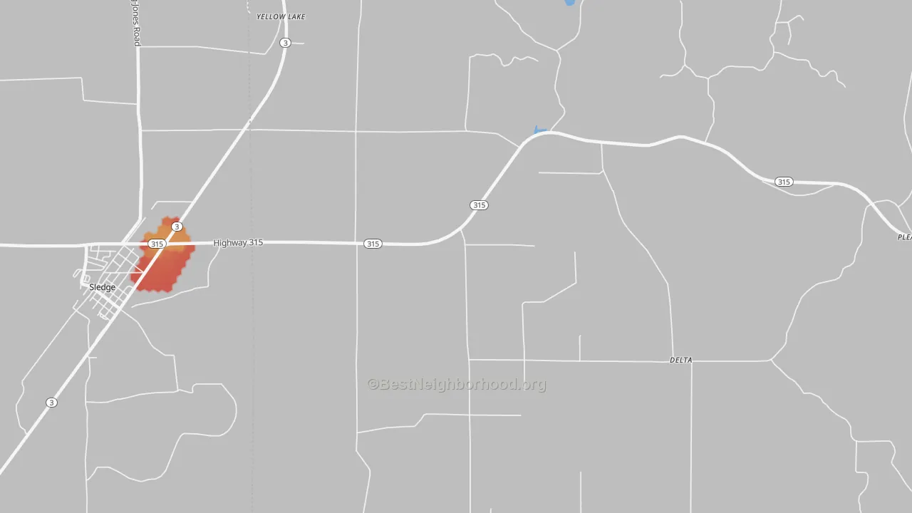 Walk Grade map of Ballentine, MS, walkable areas in green and car-dependent areas in red