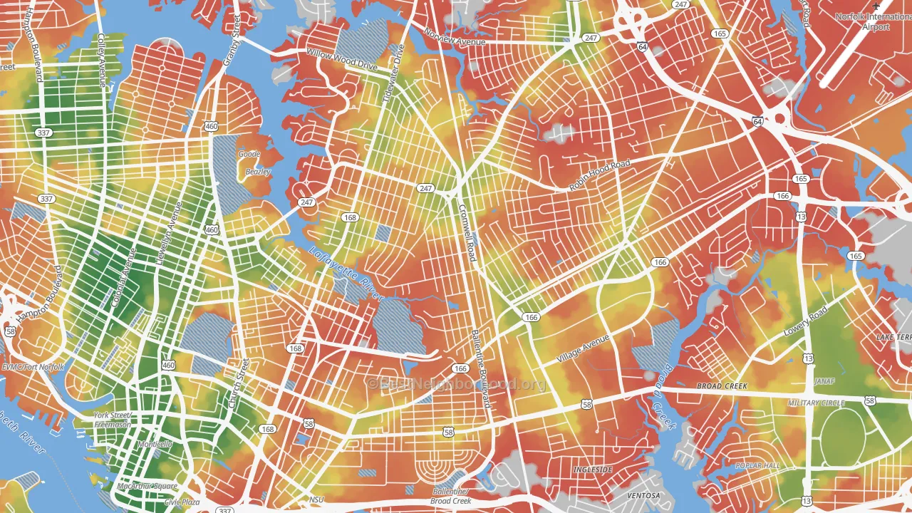 Walk Grade map of Ballentine Place, Norfolk, VA, walkable areas in green and car-dependent areas in red