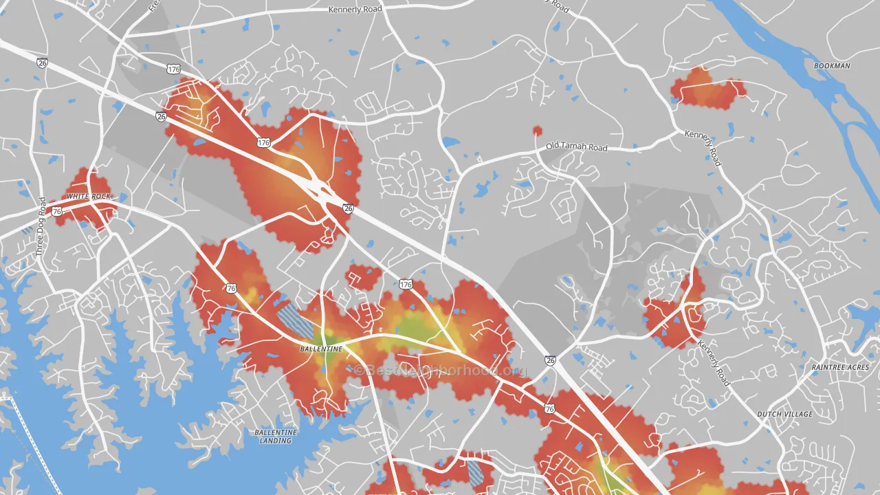 Walk Grade map of Ballentine, SC, walkable areas in green and car-dependent areas in red