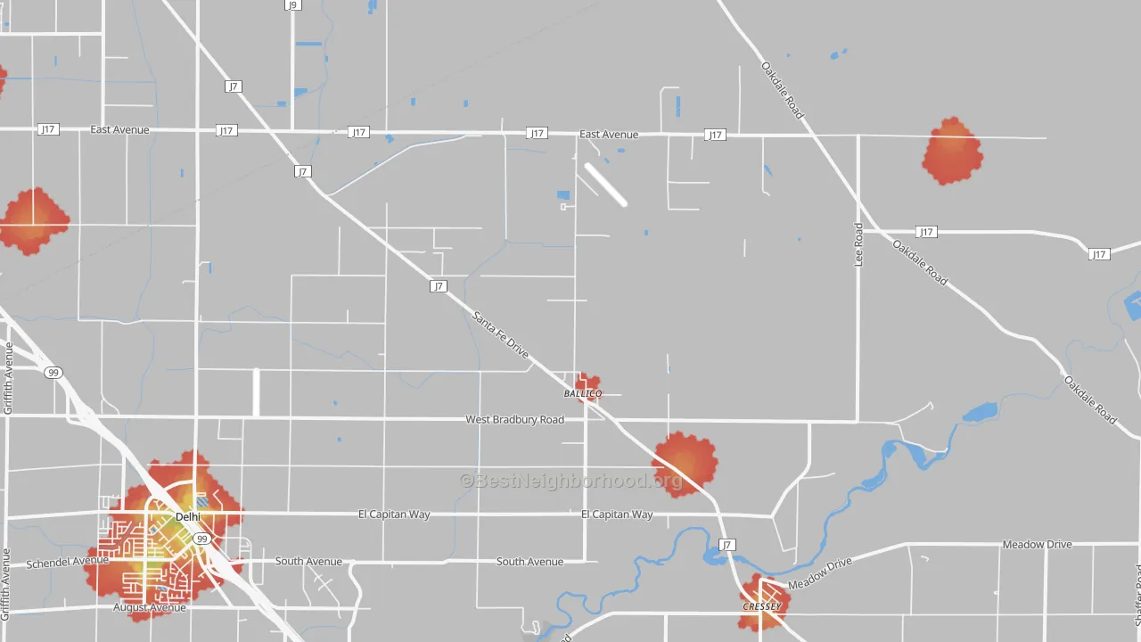 Walk Grade map of Ballico, CA, walkable areas in green and car-dependent areas in red