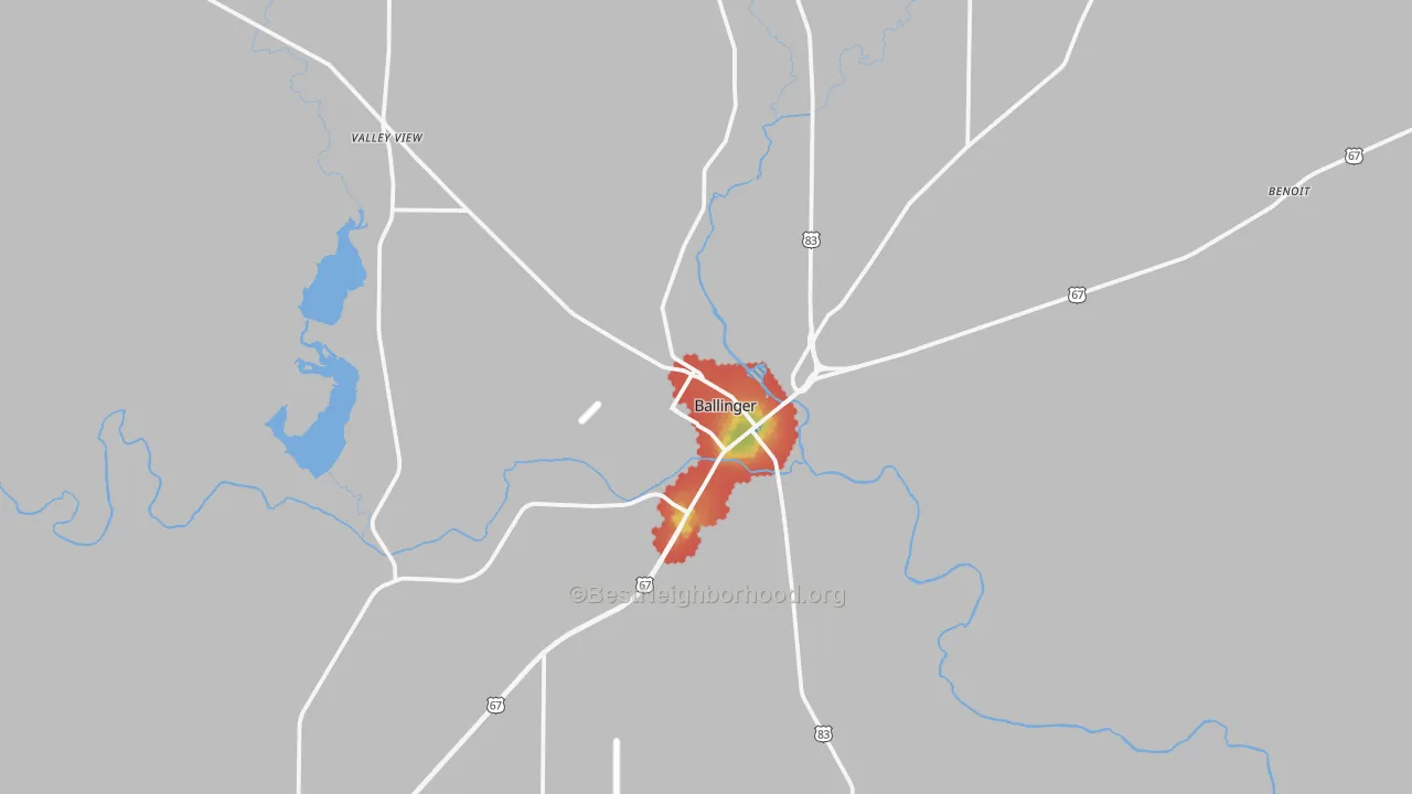 Walk Grade map of Ballinger, TX, walkable areas in green and car-dependent areas in red