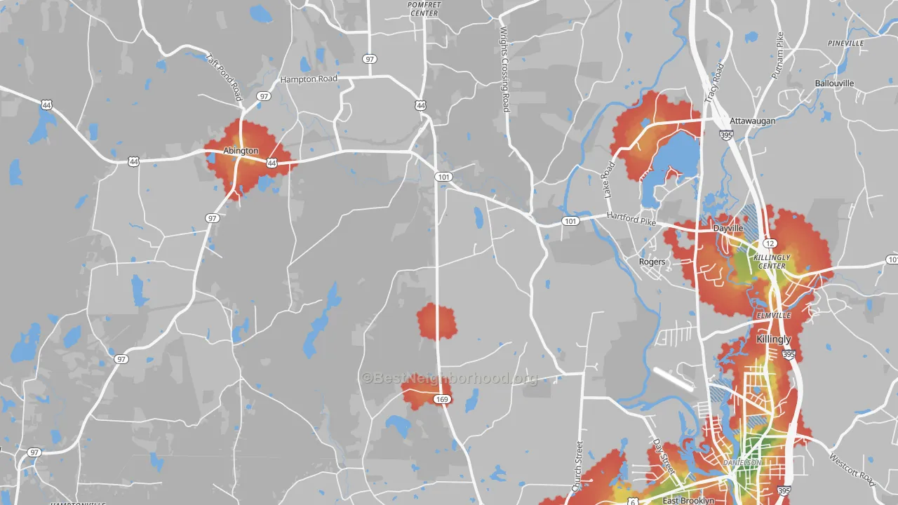 Walk Grade map of Ballouville, CT, walkable areas in green and car-dependent areas in red