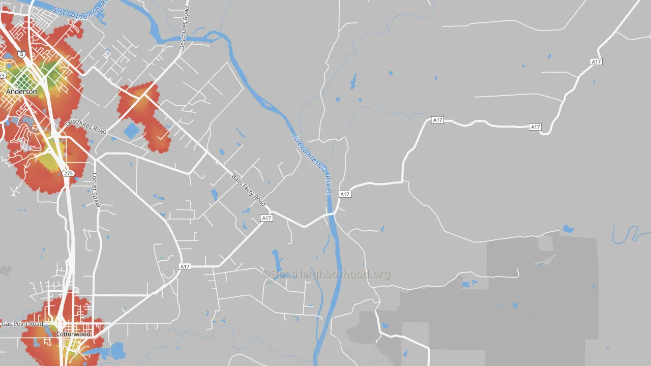 Walk Grade map of Balls Ferry, CA, walkable areas in green and car-dependent areas in red