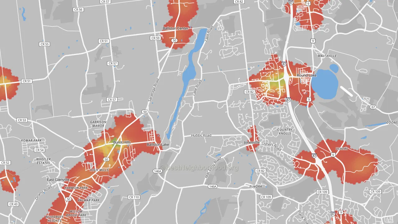 Walk Grade map of Ballston Lake, NY, walkable areas in green and car-dependent areas in red