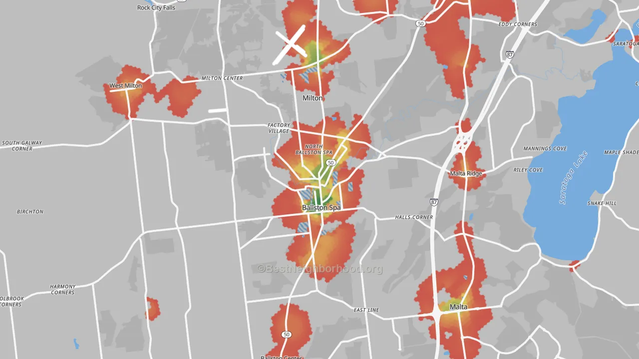 Walk Grade map of Ballston Spa, NY, walkable areas in green and car-dependent areas in red