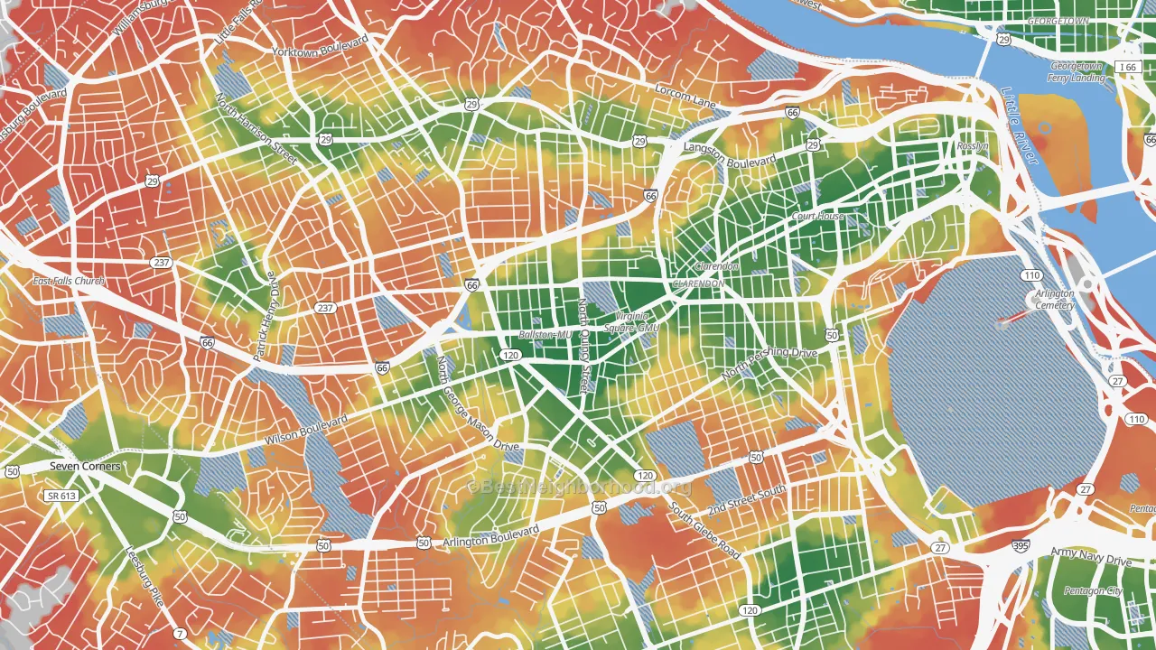Walk Grade map of Ballston-Virginia Square, Arlington, VA, walkable areas in green and car-dependent areas in red