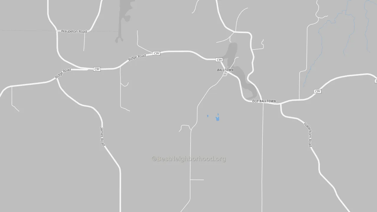 Walk Grade map of Balltown, IA, walkable areas in green and car-dependent areas in red