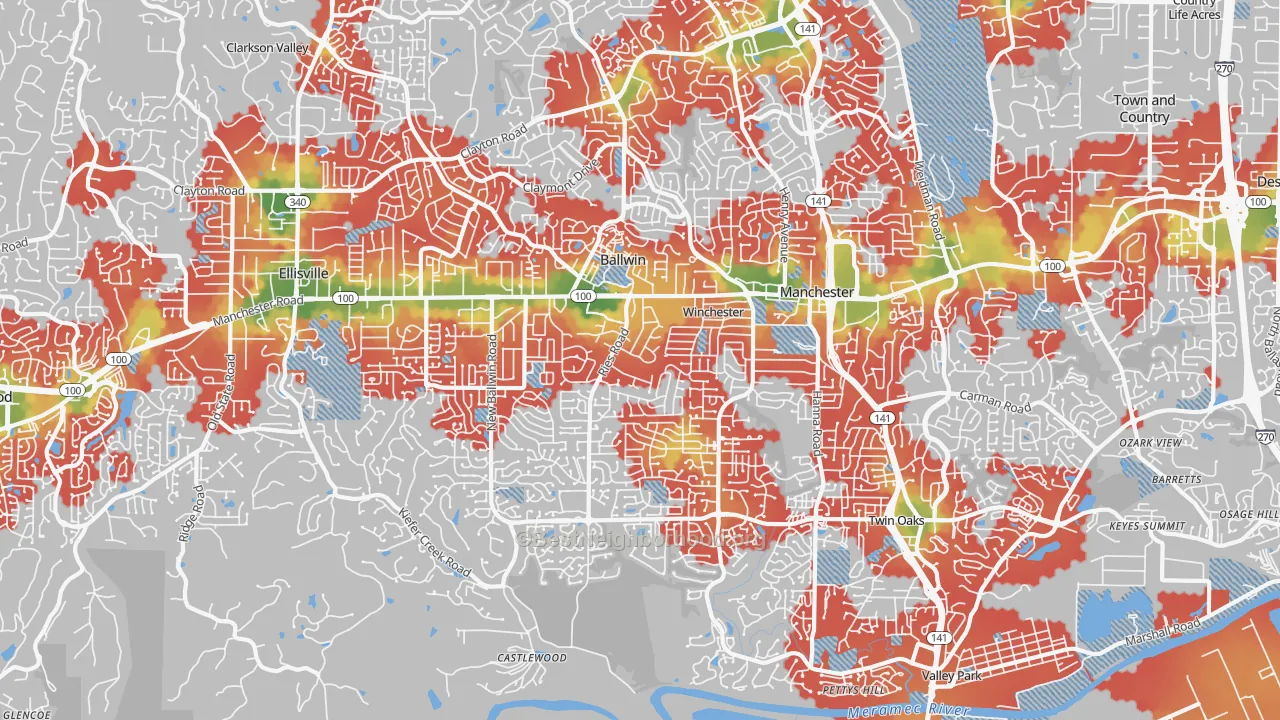 Walk Grade map of Ballwin, MO, walkable areas in green and car-dependent areas in red