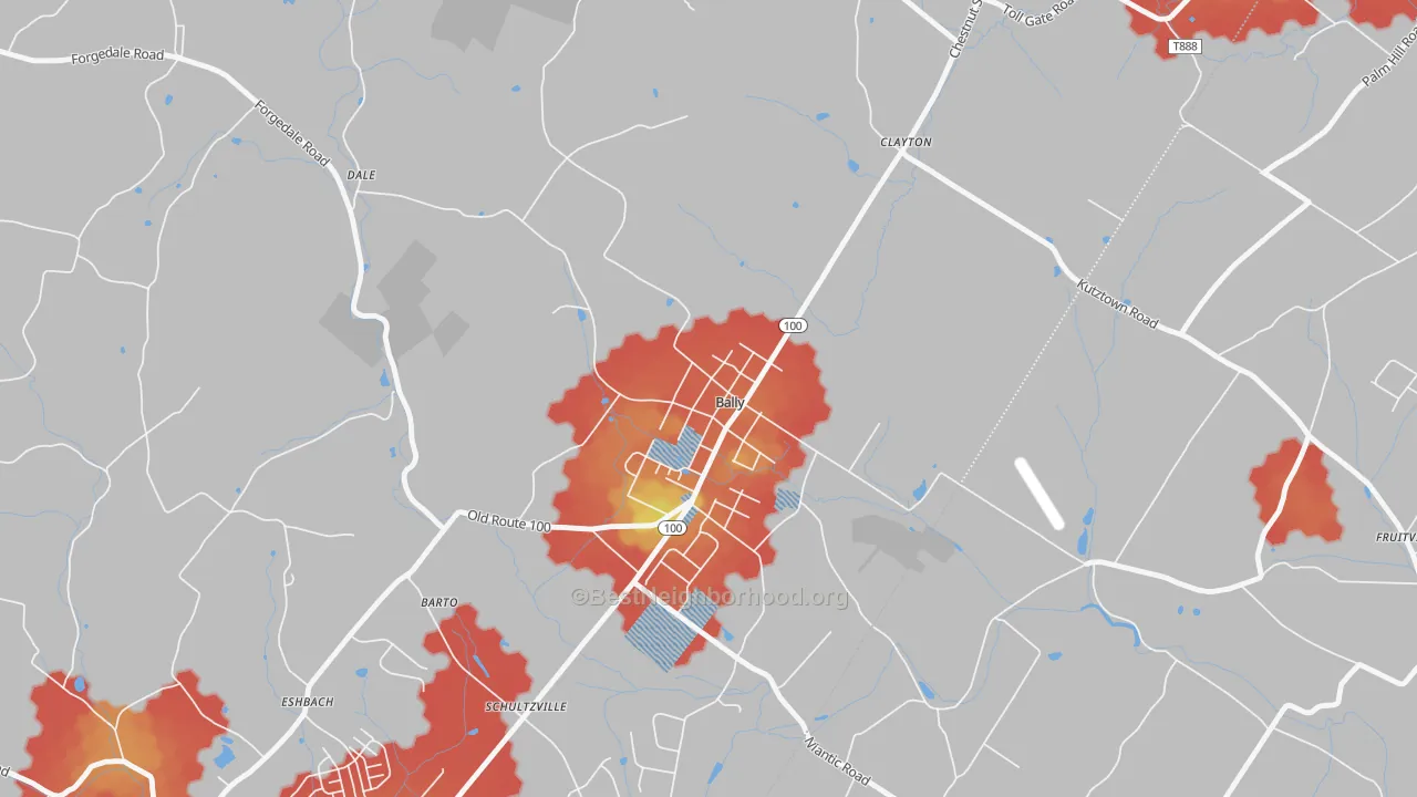 Walk Grade map of Bally, PA, walkable areas in green and car-dependent areas in red