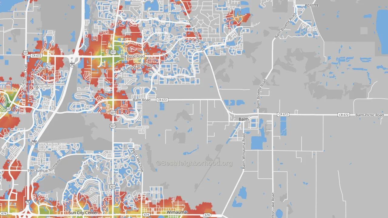 Walk Grade map of Balm, FL, walkable areas in green and car-dependent areas in red