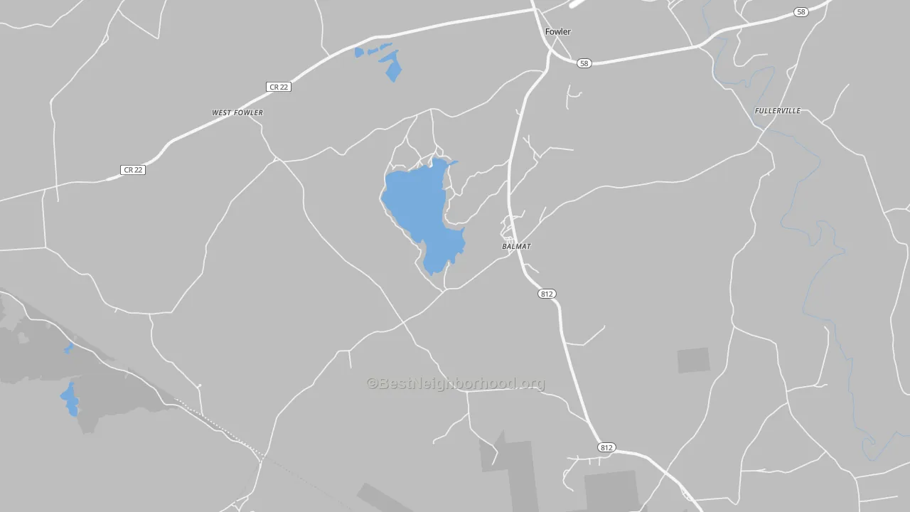 Walk Grade map of Balmat, NY, walkable areas in green and car-dependent areas in red