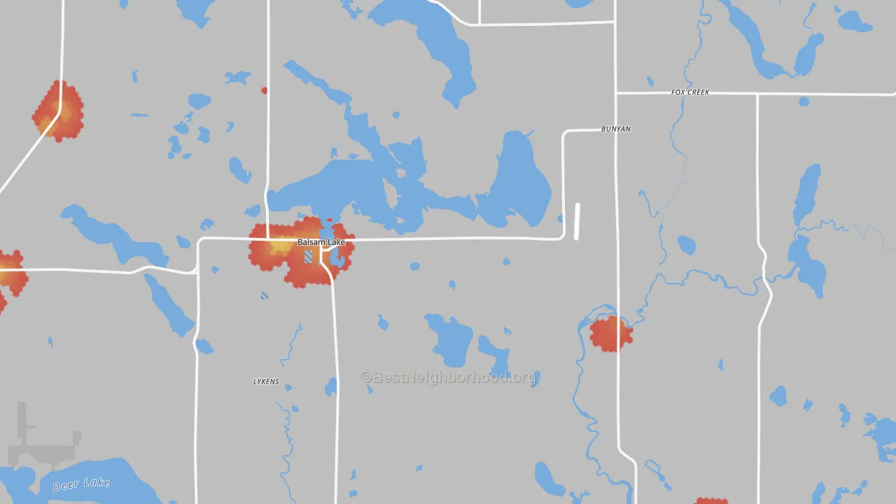 Walk Grade map of Balsam Lake, WI, walkable areas in green and car-dependent areas in red