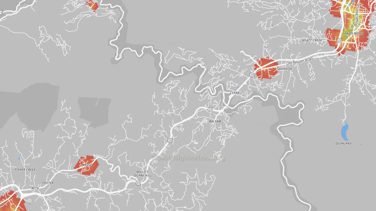Walk Grade map of Balsam, NC, walkable areas in green and car-dependent areas in red