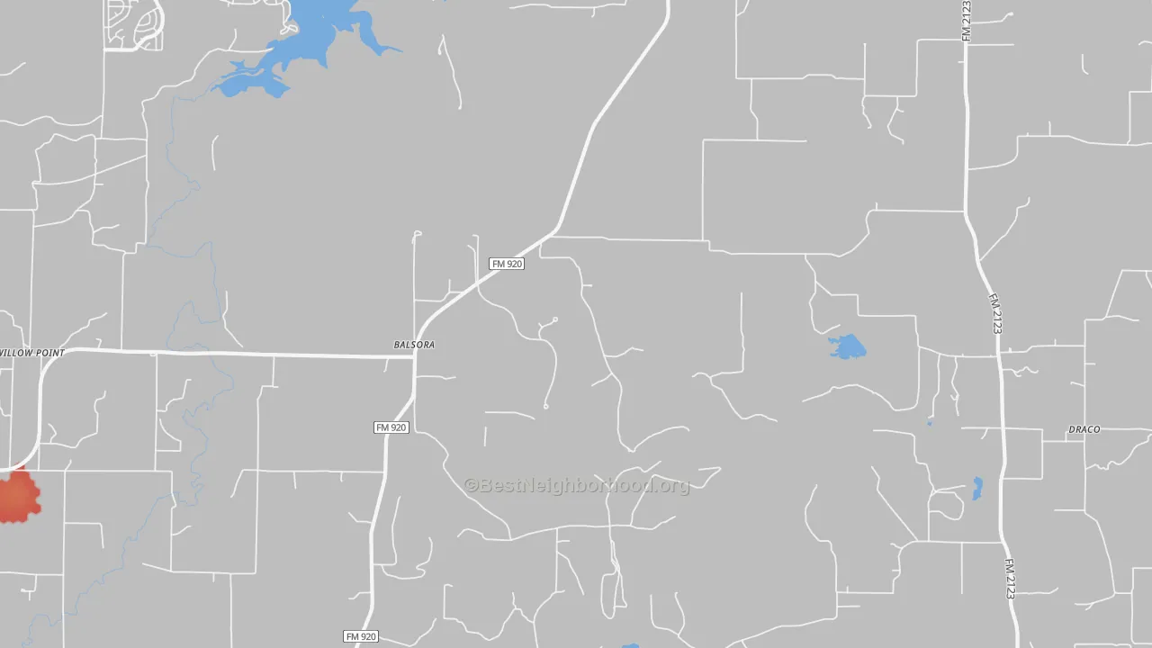 Walk Grade map of Balsora, TX, walkable areas in green and car-dependent areas in red