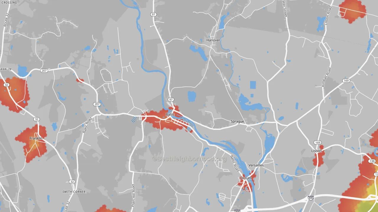 Walk Grade map of Baltic, CT, walkable areas in green and car-dependent areas in red