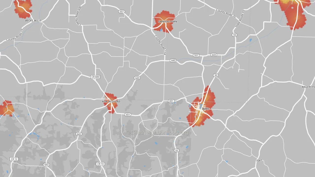Walk Grade map of Baltic, OH, walkable areas in green and car-dependent areas in red