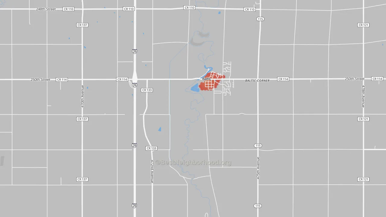 Walk Grade map of Baltic, SD, walkable areas in green and car-dependent areas in red