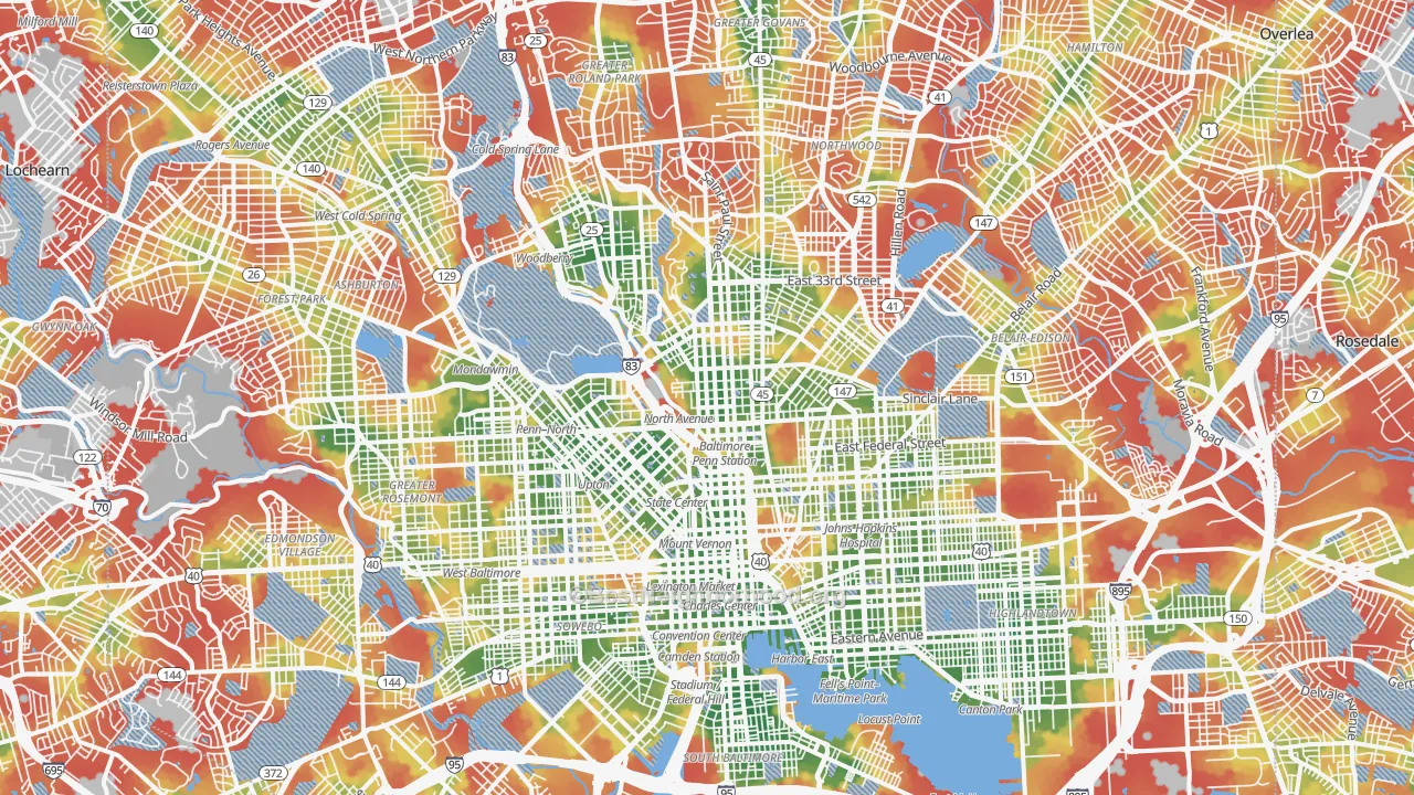 Walk Grade map of Baltimore City, MD, walkable areas in green and car-dependent areas in red