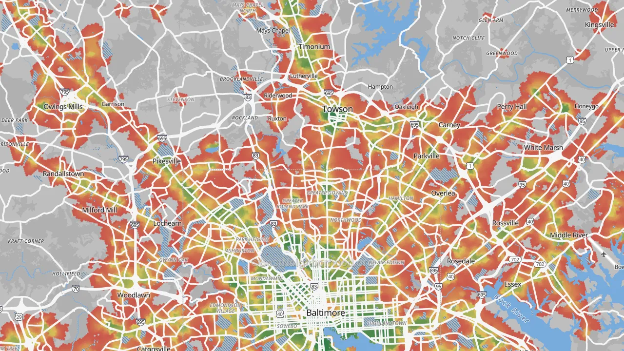 Walk Grade map of Baltimore County, MD, walkable areas in green and car-dependent areas in red