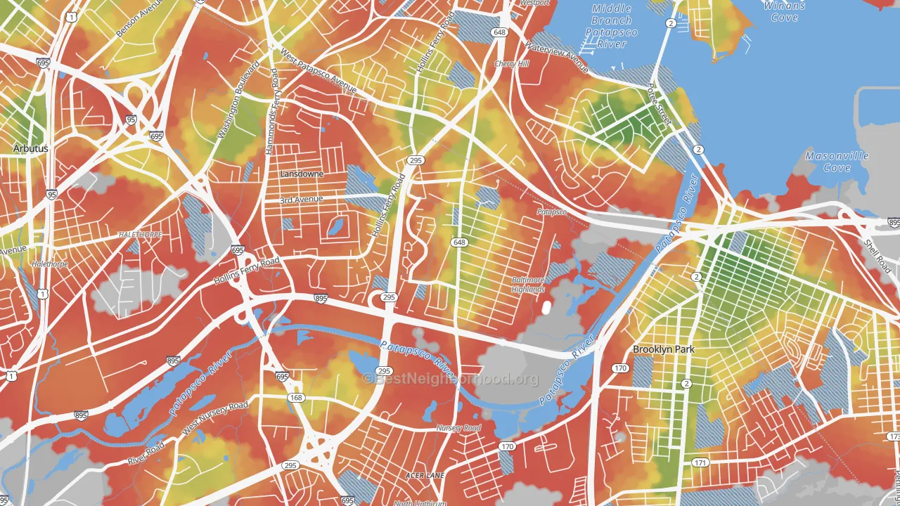 Walk Grade map of Baltimore Highlands, MD, walkable areas in green and car-dependent areas in red