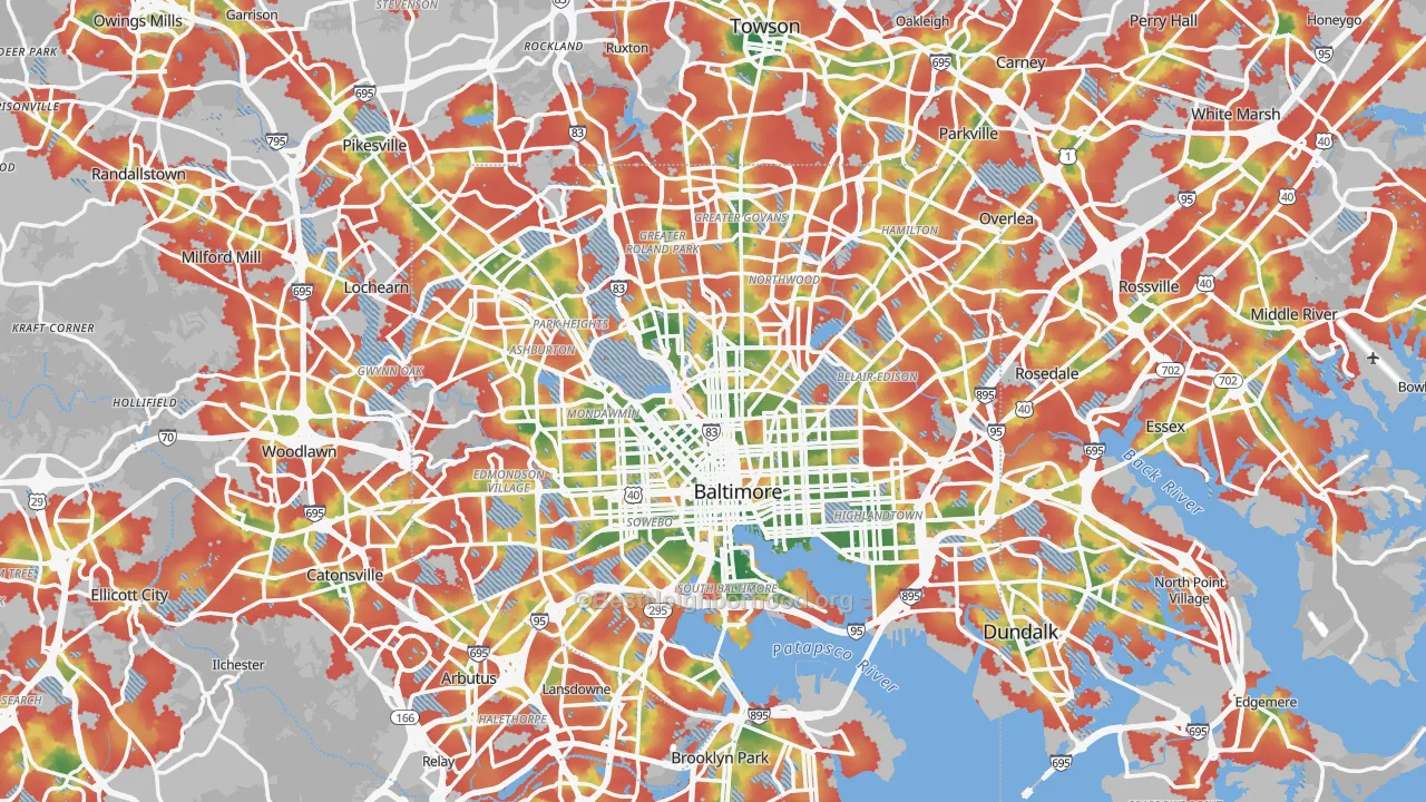 Walk Grade map of Baltimore, MD, walkable areas in green and car-dependent areas in red