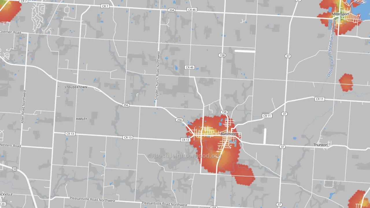 Walk Grade map of Baltimore, OH, walkable areas in green and car-dependent areas in red