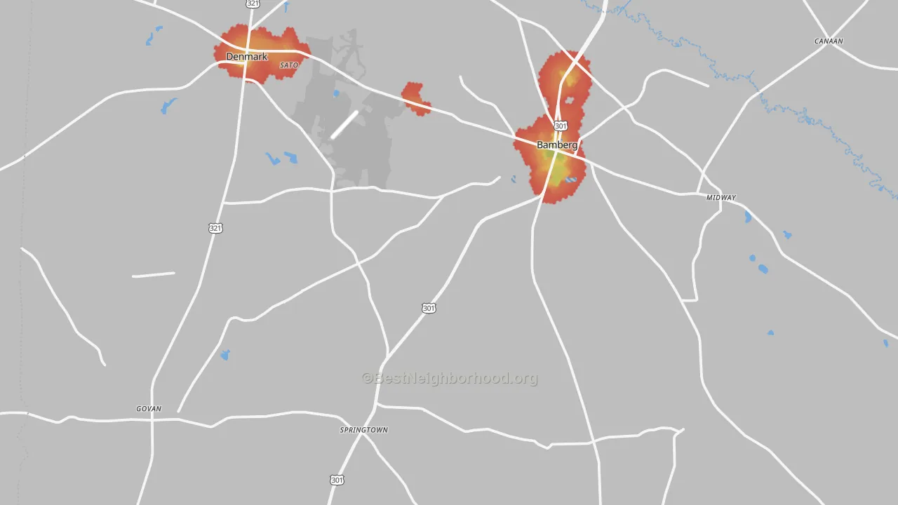 Walk Grade map of Bamberg County, SC, walkable areas in green and car-dependent areas in red