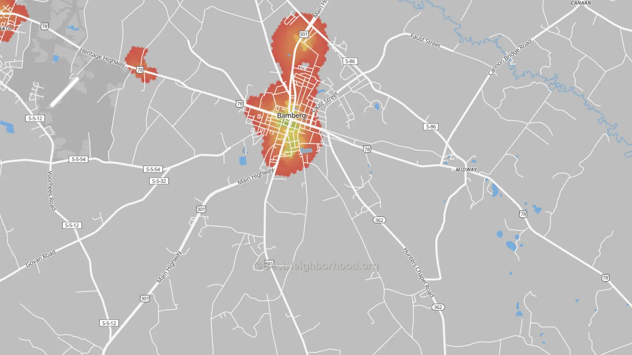 Walk Grade map of Bamberg, SC, walkable areas in green and car-dependent areas in red
