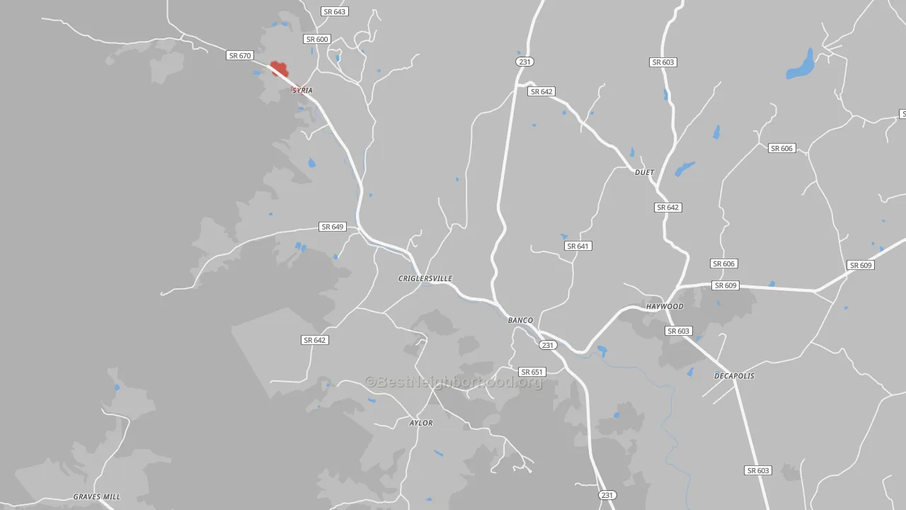 Walk Grade map of Banco, VA, walkable areas in green and car-dependent areas in red
