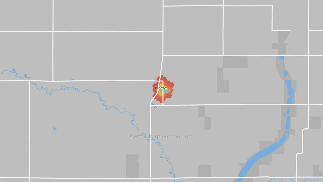 Walk Grade map of Bancroft, IA, walkable areas in green and car-dependent areas in red