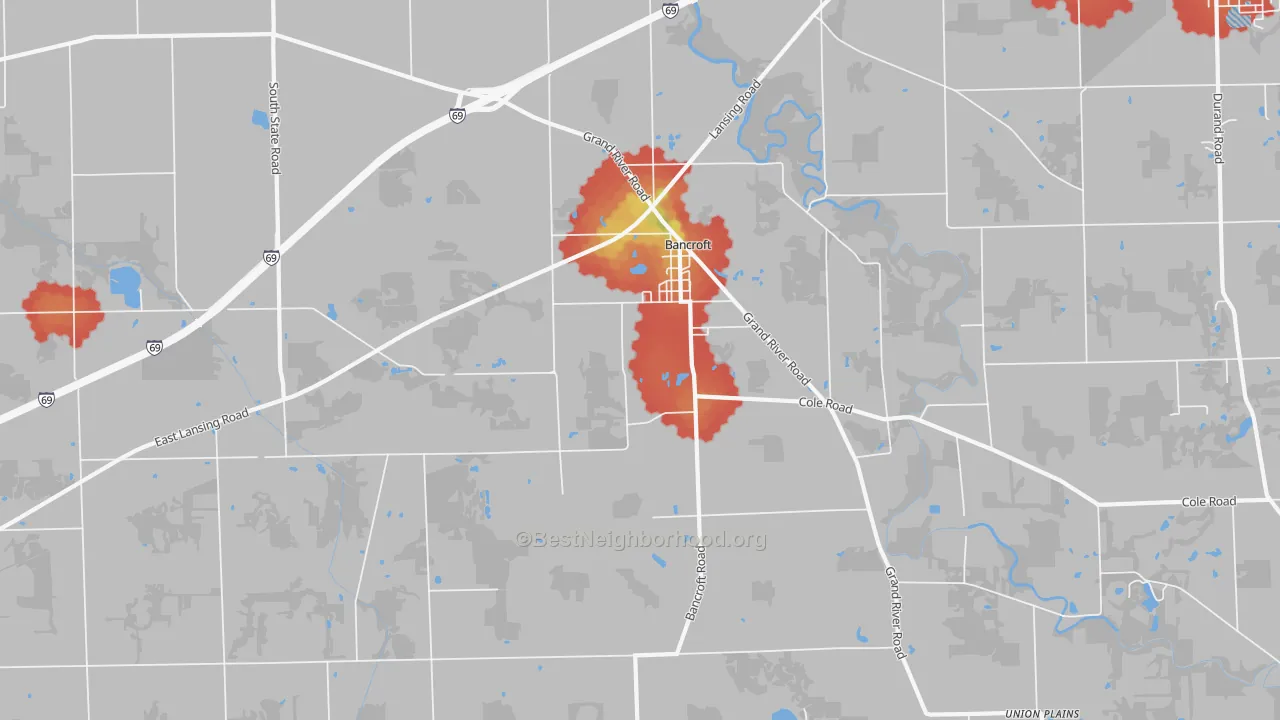 Walk Grade map of Bancroft, MI, walkable areas in green and car-dependent areas in red
