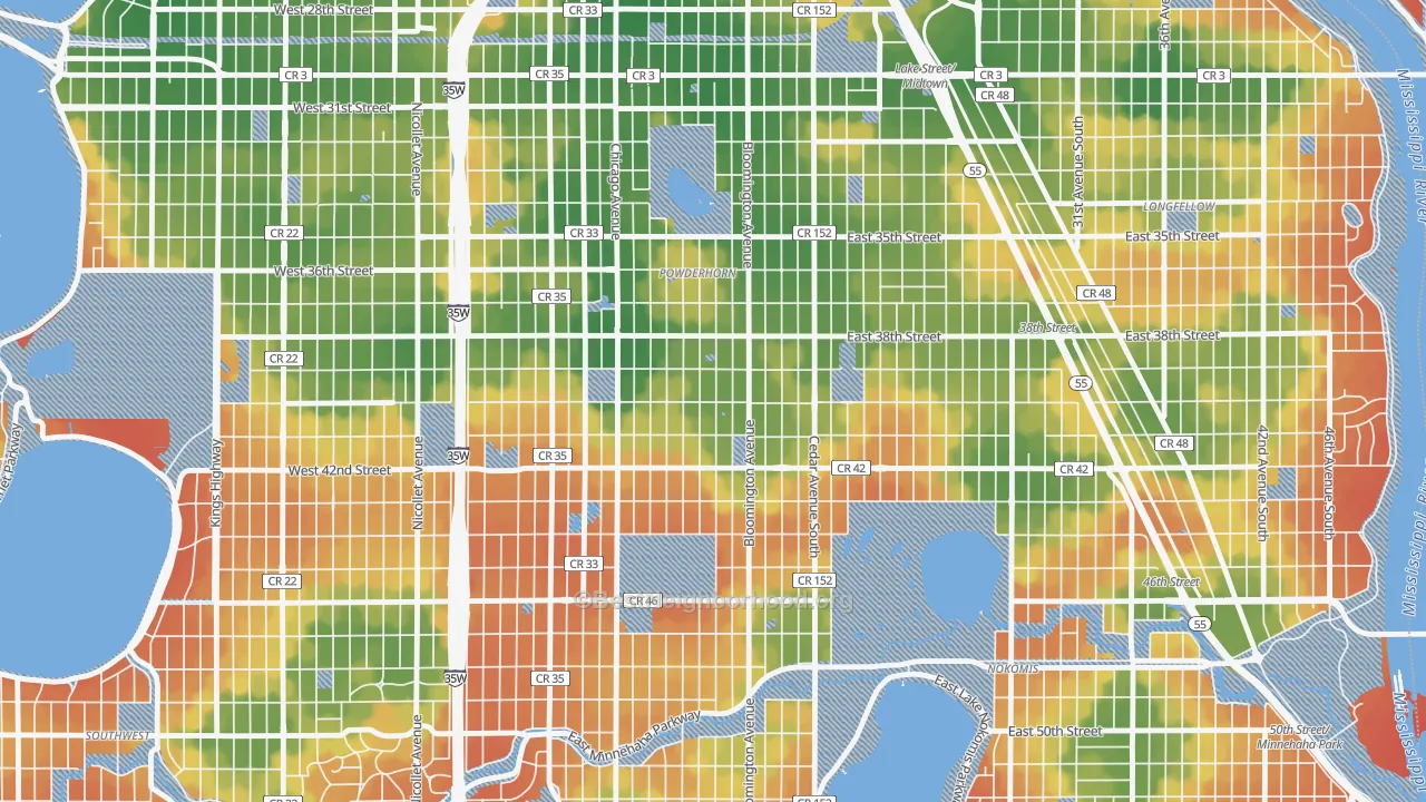 Walk Grade map of Bancroft, Minneapolis, MN, walkable areas in green and car-dependent areas in red