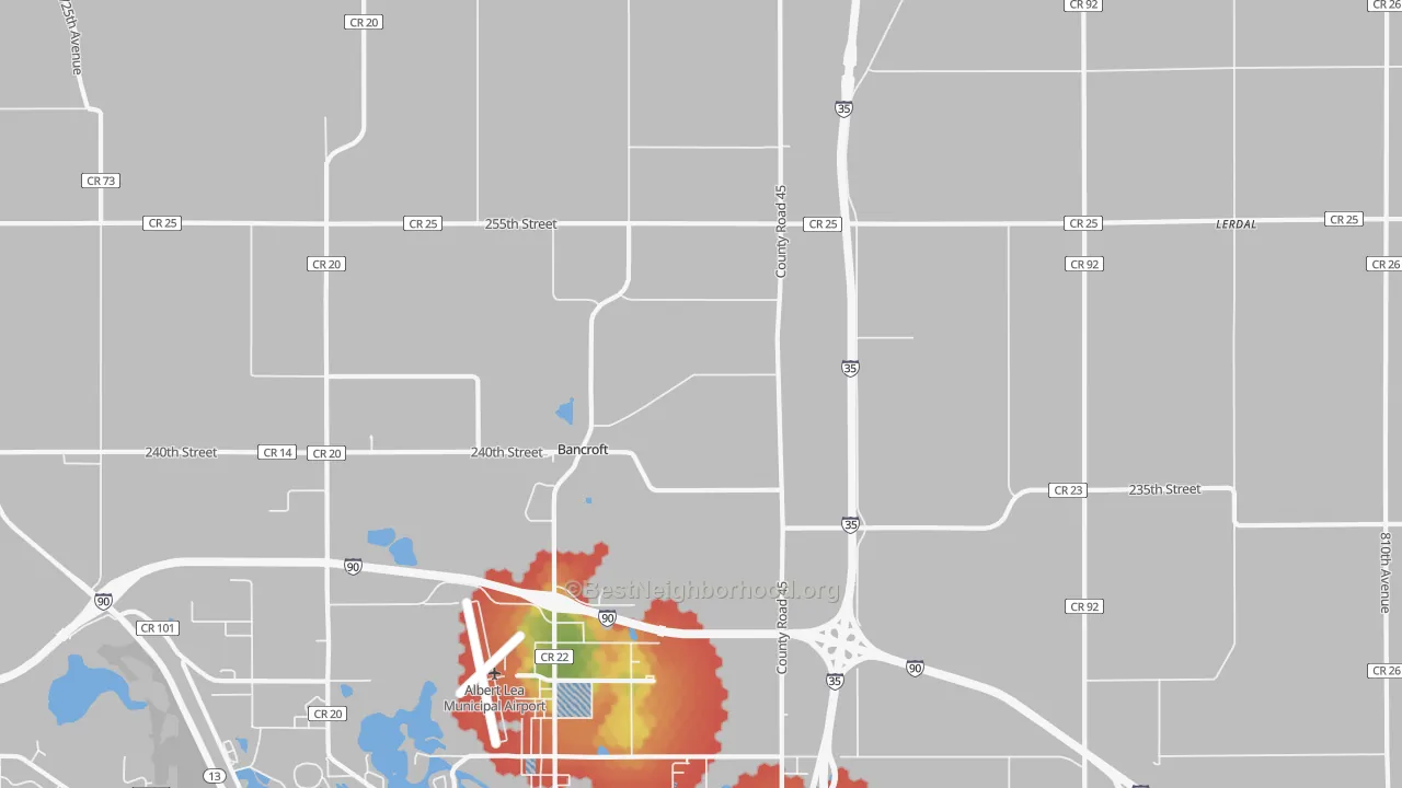 Walk Grade map of Bancroft, MN, walkable areas in green and car-dependent areas in red