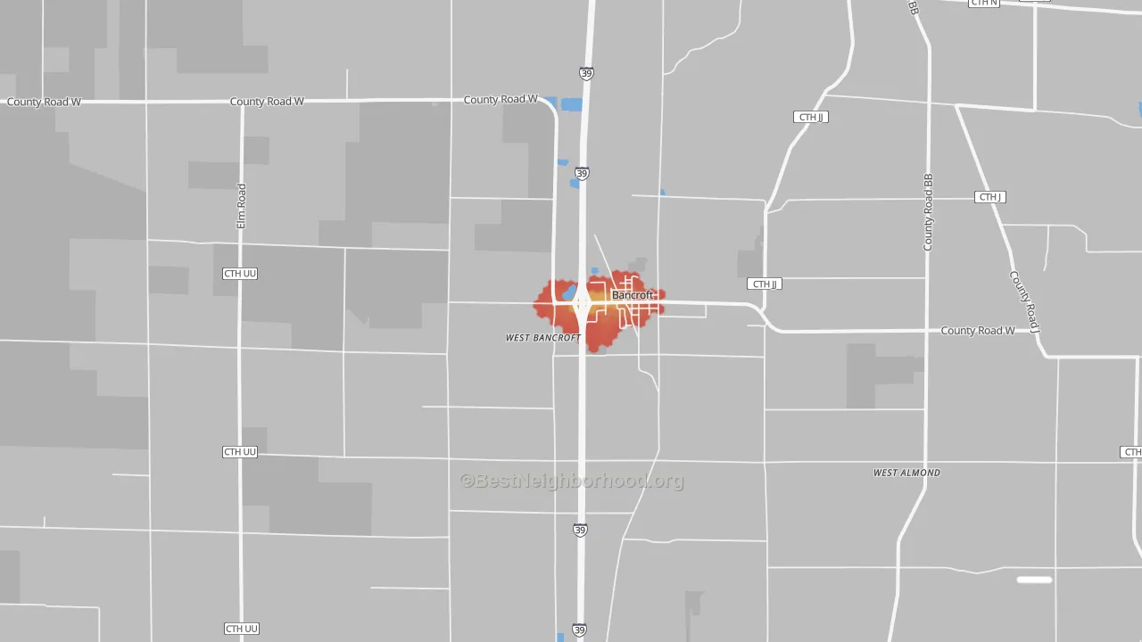 Walk Grade map of Bancroft, WI, walkable areas in green and car-dependent areas in red