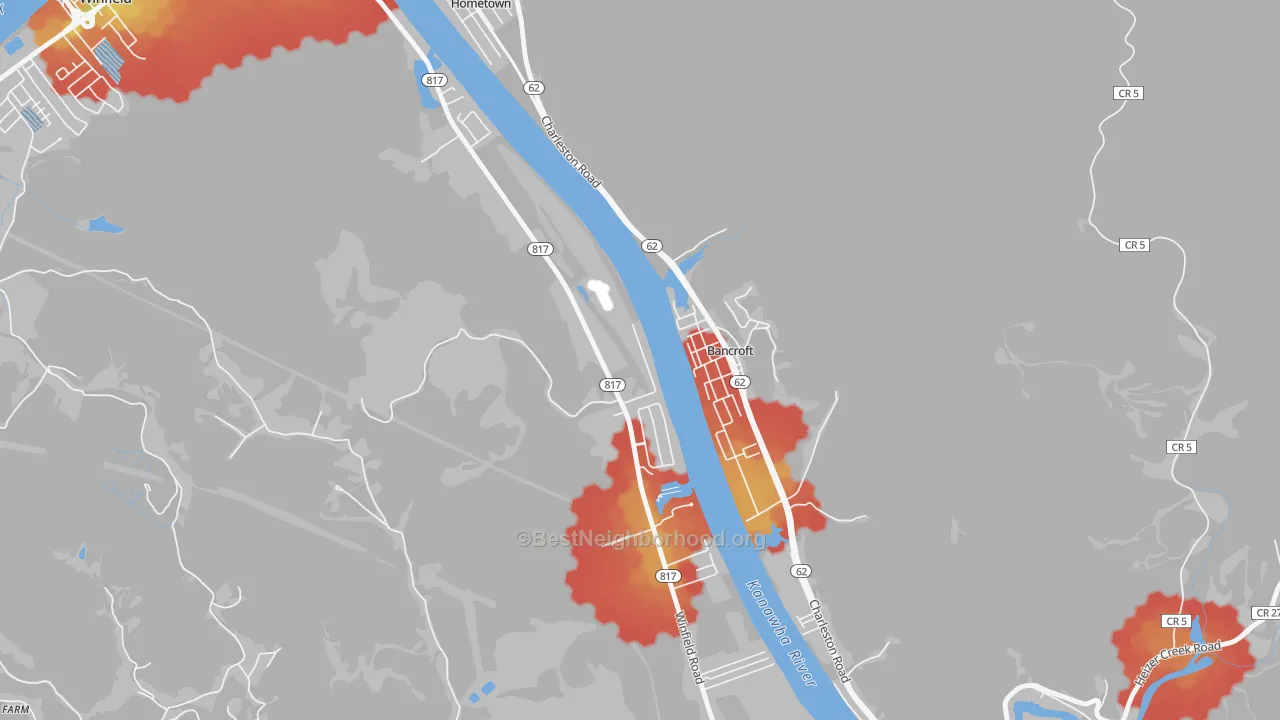 Walk Grade map of Bancroft, WV, walkable areas in green and car-dependent areas in red