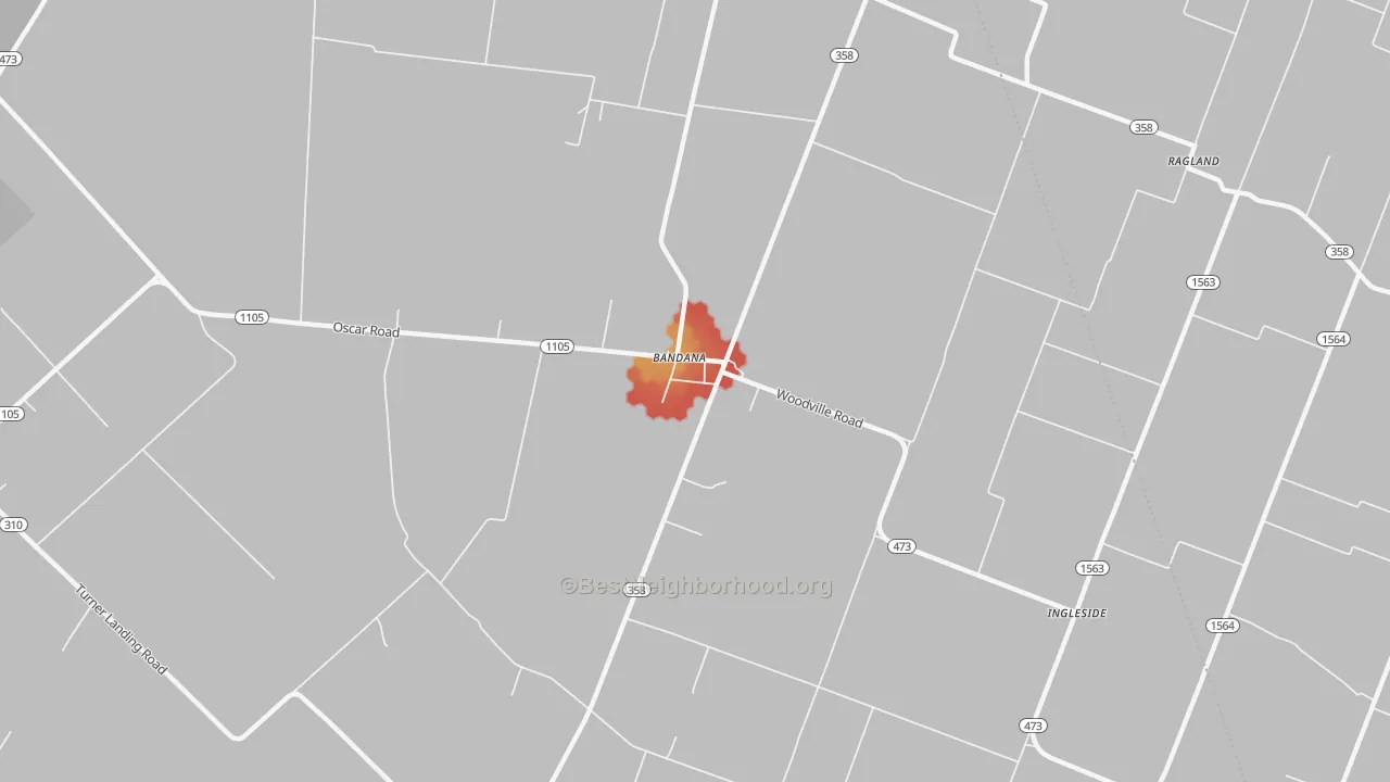 Walk Grade map of Bandana, KY, walkable areas in green and car-dependent areas in red