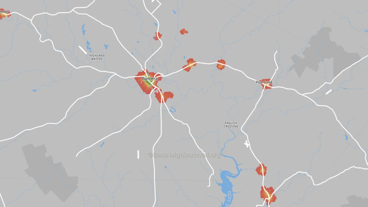 Walk Grade map of Bandera County, TX, walkable areas in green and car-dependent areas in red