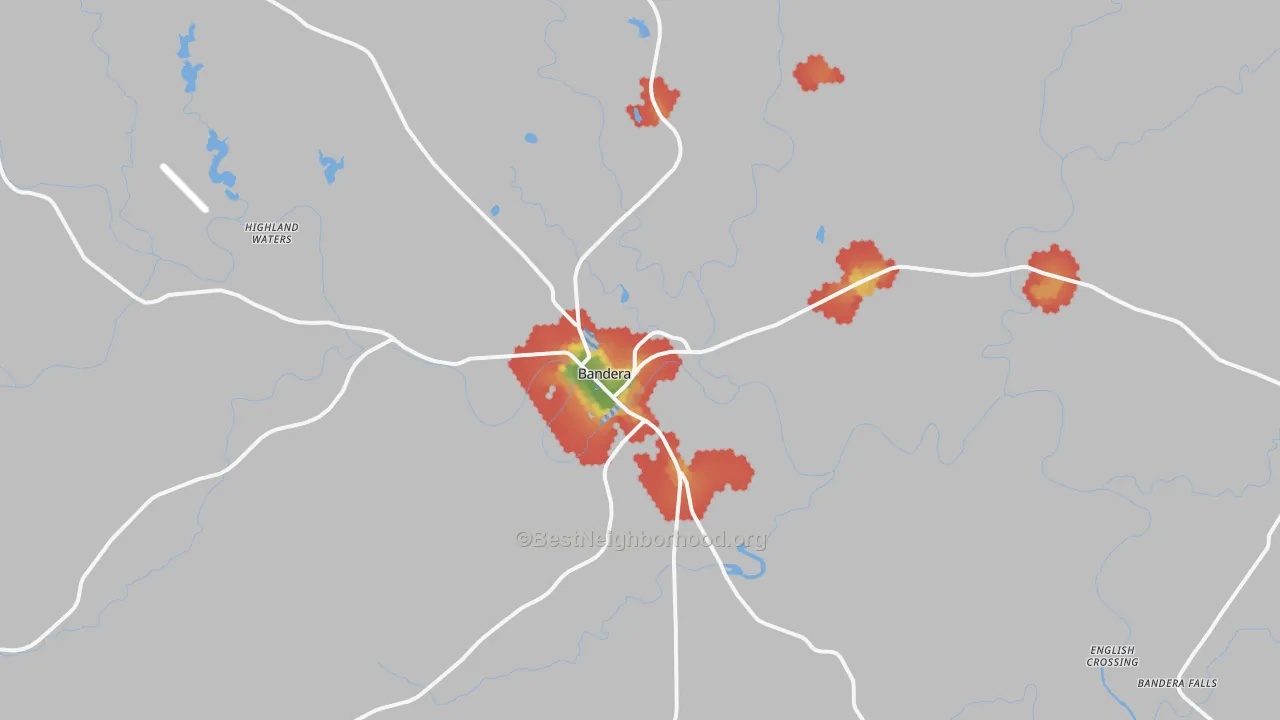 Walk Grade map of Bandera, TX, walkable areas in green and car-dependent areas in red