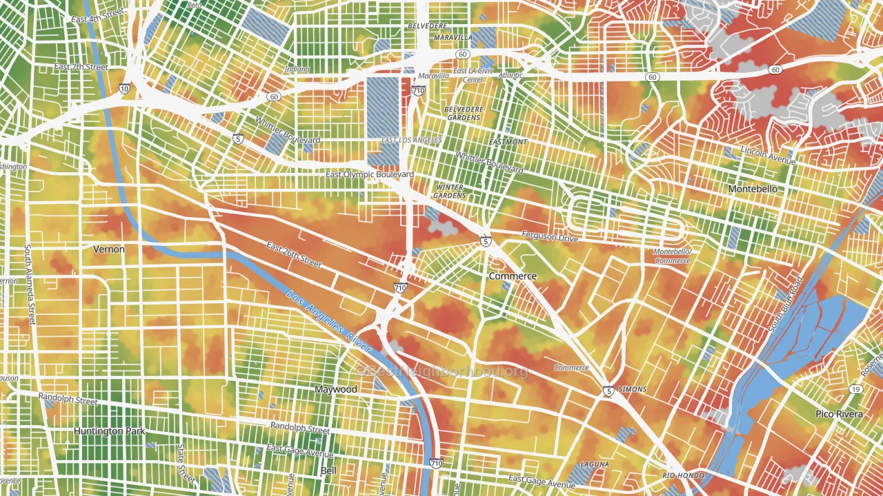 Walk Grade map of Bandini, Commerce, CA, walkable areas in green and car-dependent areas in red