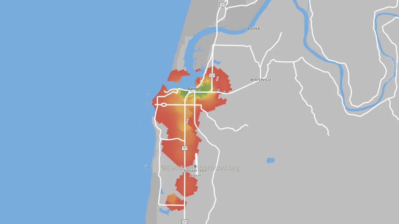 Walk Grade map of Bandon, OR, walkable areas in green and car-dependent areas in red